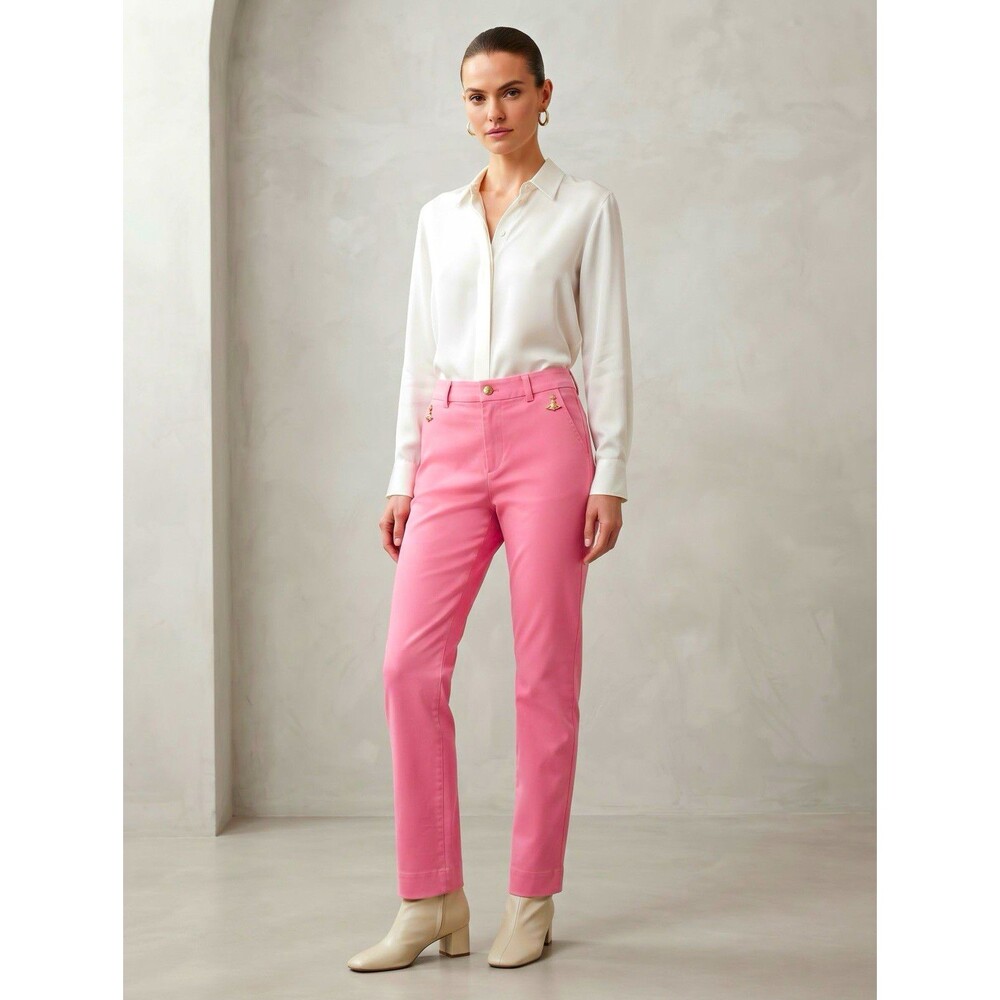 Lilly Pulitzer Ana Highrise Pink Solid Flat Front Straight Leg Stretch pants 2